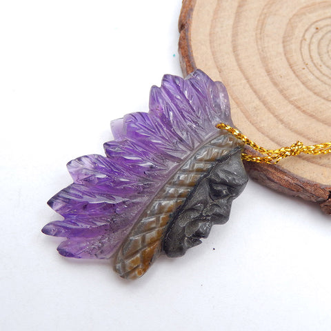Perle pendentif en améthyste naturelle sculptée avec tête indienne, 42 x 26 x 7 mm, 10,9 g