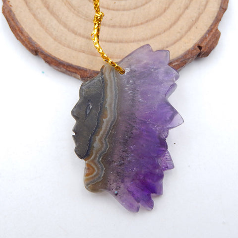 Perle pendentif en améthyste naturelle sculptée avec tête indienne, 42 x 26 x 7 mm, 10,9 g