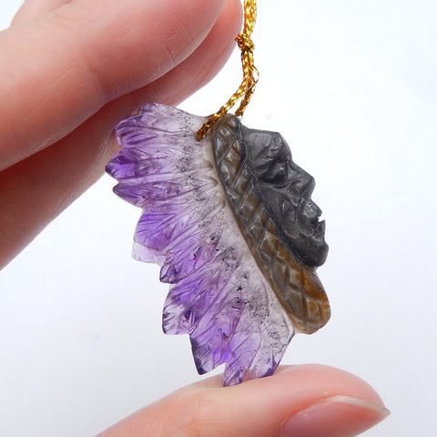 Natural Amethyst Carved Indian Head Pendant Bead,42×26×7mm, 10.9g