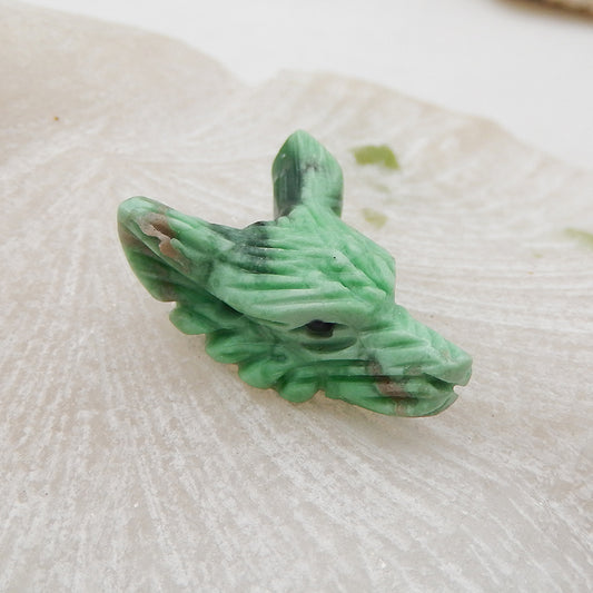 Pendentif tête de loup sculpté à la main en turquoise verte naturelle, 23x17x9mm, 3.3g