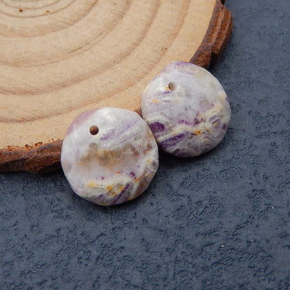 天然紫色蕾丝玛瑙钻孔耳环一对，14X3mm，2.6g