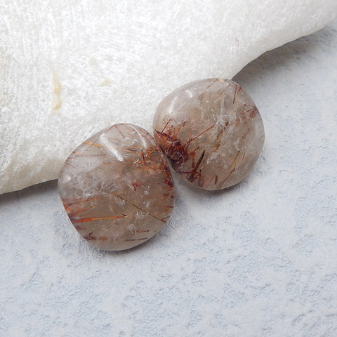 天然金金红晶石英宝石耳环一对，18x16x4mm，5.2g