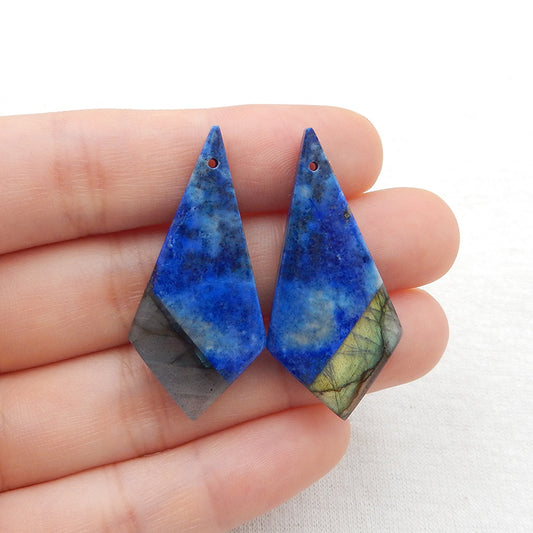 Paire de boucles d'oreilles en pierres précieuses collées avec lapis-lazuli naturel et labradorite, 38 x 18 x 5 mm, 9,3 g