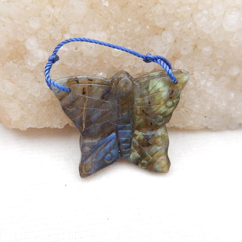 Perle pendentif papillon sculpté en labradorite, 28x35x5mm, 8.5g