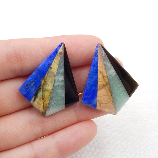 Intarsia of Lapis Lazuli, Labradorite, Amazonite and Obsidian Earring Beads 35x28x5mm 9.6g