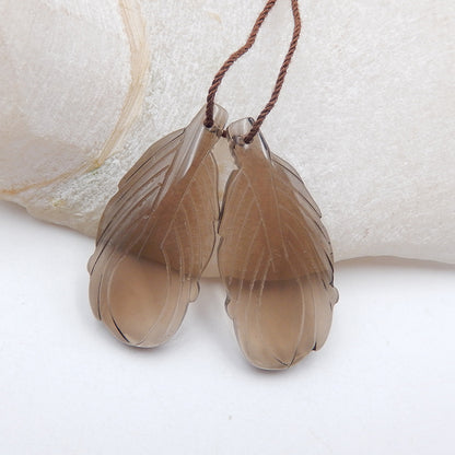 Natural Smoky Quartz Carved leaf Earring Beads 35X15X5mm, 8.8g