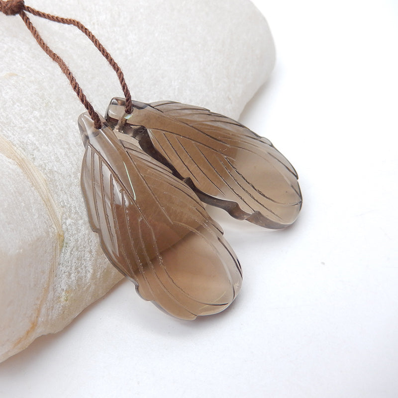 Natural Smoky Quartz Carved leaf Earring Beads 35X15X5mm, 8.8g