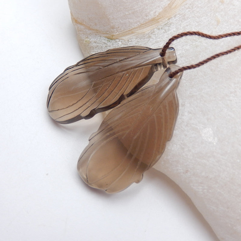 Natural Smoky Quartz Carved leaf Earring Beads 35X15X5mm, 8.8g