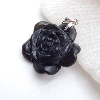 Natural Obsidian Carved flower Pendant with 925 Sterling Silver Branch Pinch Bail 28X28X12mm, 9.0g
