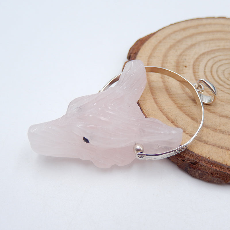 Pink Quartz Carved Wolf Head Necklace Pendant, 925 Sterling Silver Pinch Bail, 31x22x13mm, 10.4g