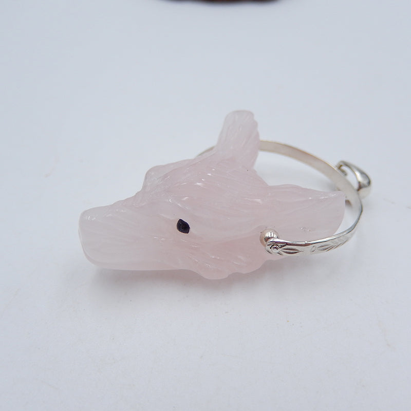 Pink Quartz Carved Wolf Head Necklace Pendant, 925 Sterling Silver Pinch Bail, 31x22x13mm, 10.4g