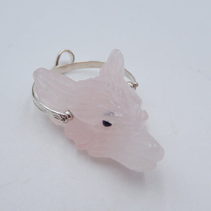 Pink Quartz Carved Wolf Head Necklace Pendant, 925 Sterling Silver Pinch Bail, 31x22x13mm, 10.4g