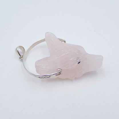 Pink Quartz Carved Wolf Head Necklace Pendant, 925 Sterling Silver Pinch Bail, 31x22x13mm, 10.4g