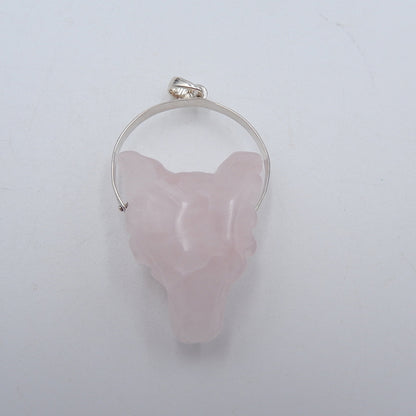 Natural Pink Quartz Carved wolf head Pendant with 925 Sterling Silver 31x22x13mm, 10.4g