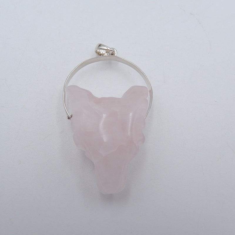 Pink Quartz Carved Wolf Head Necklace Pendant, 925 Sterling Silver Pinch Bail, 31x22x13mm, 10.4g