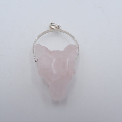 Pink Quartz Carved Wolf Head Necklace Pendant, 925 Sterling Silver Pinch Bail, 31x22x13mm, 10.4g