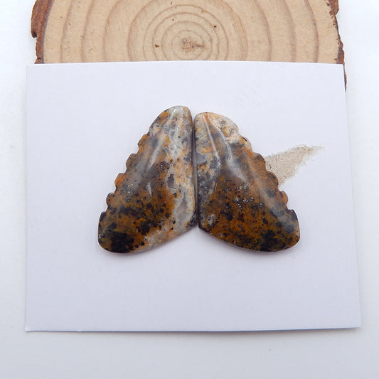天然石化木翼形宝石凸圆形一对，32x18x5mm，8.28g