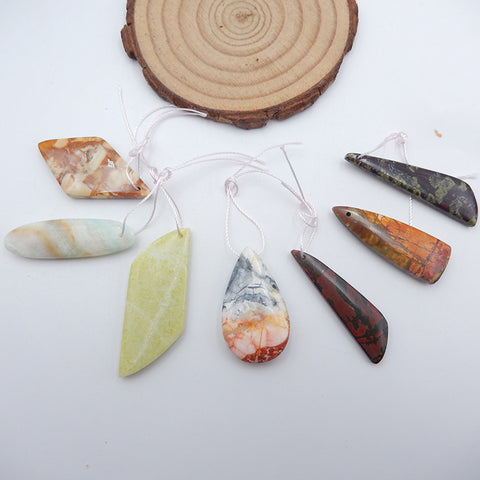 7 PCS Natural Serpentine, Picasso, Amazonite And Agate Pendant Beads 29x16x5mm, 38x15x3m, 23.7g