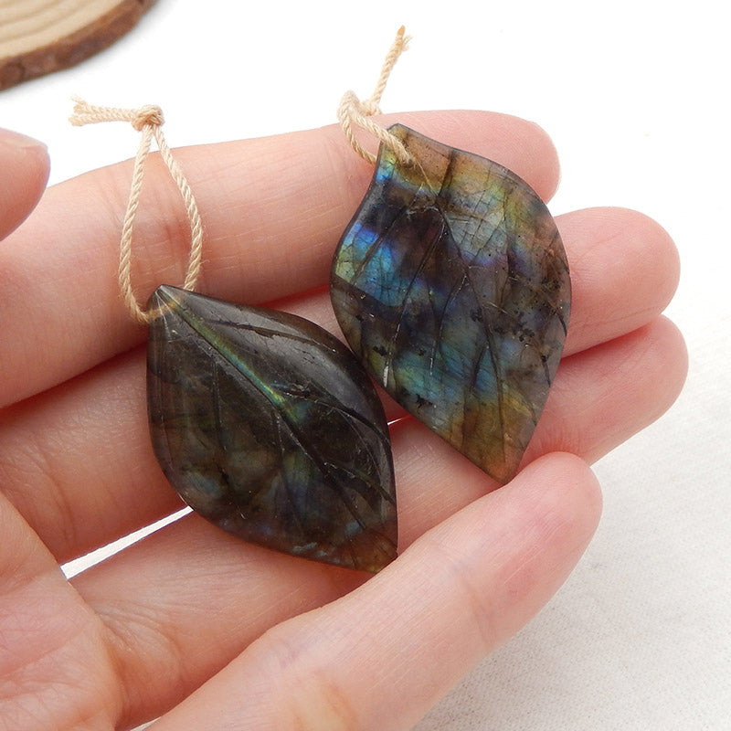 Natural Labradorite Carved leaf Earring Beads 35X21X5mm, 11.4g
