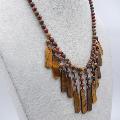 Natural Multi-Color Picasso Jasper, Tiger-Eye Gemstone Necklace, Jewelry Necklace, Adjustable Necklace. 20-28 inch, 50g