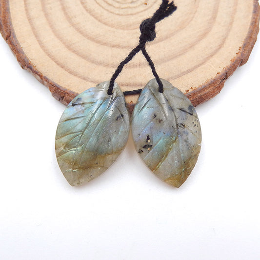 Natural Labradorite Carved leaf Earring Beads 23x15x4mm, 4.9g