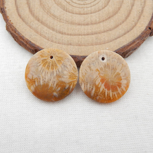 Perles de boucles d'oreilles en corail fossile indonésien naturel, paire de cabochons à dos plat percés, 18 x 3 mm, 3,9 g