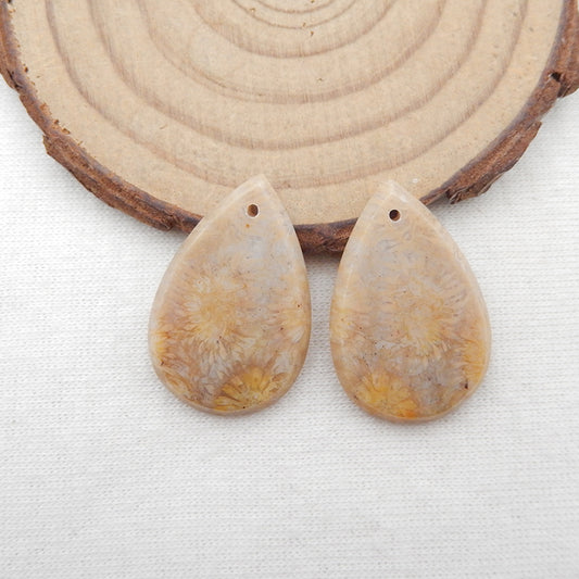 Perles de boucles d'oreilles en pierres précieuses de corail fossile indonésien naturel, paire de cabochons à dos plat percés, 26x17x3mm, 4.8g