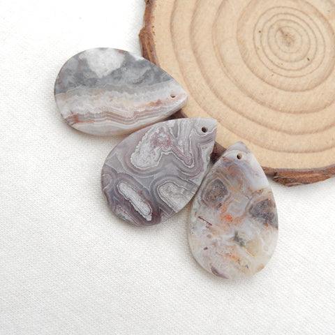 Lot de 3 boucles d'oreilles percées en agate de dentelle folle naturelle, 29 x 19 x 4 mm, 11,6 g