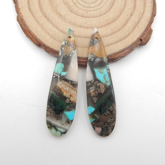 Paire de Boucles d'Oreilles Collées Malachite, Opale Rose, Hématite et Turquoise, 45x12x4mm, 6.3g