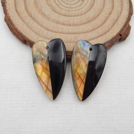Labradorite naturelle, paire de boucles d'oreilles cœur collé en obsidienne, 26 x 15 x 4 mm, 5,3 g