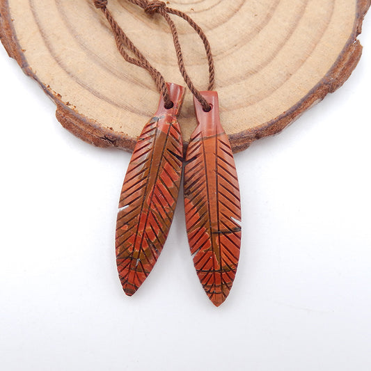 Natural Red Creek Jasper Carved leaf Earring Beads 35X10X4mm, 4.9g