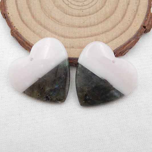 粉色蛋白石和拉长石胶合心形宝石耳环石一对，25X25X5 毫米，9.2 克