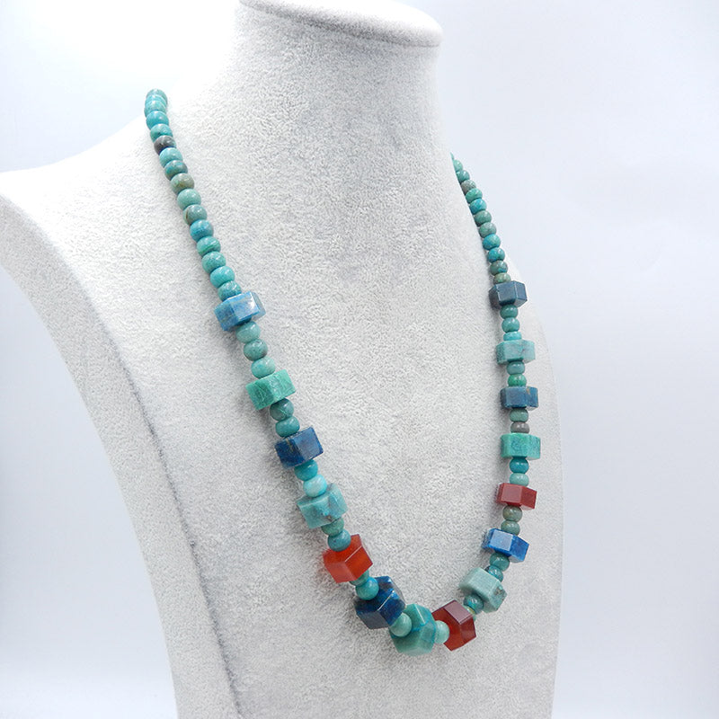 Natural Chrysocolla, Red Agate, Blue Apatite Crystal Gemstone Beads for Necklace, adjustable length 24-32 inches, 91.6g