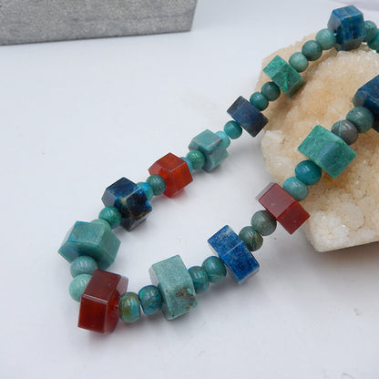 Natural Chrysocolla, Red Agate, Blue Apatite Crystal Gemstone Beads for Necklace, adjustable length 24-32 inches, 91.6g