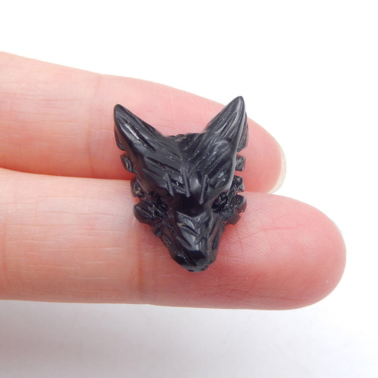 Perle pendentif tête de loup sculptée en obsidienne faite à la main, 21x16x8mm, 2.6g