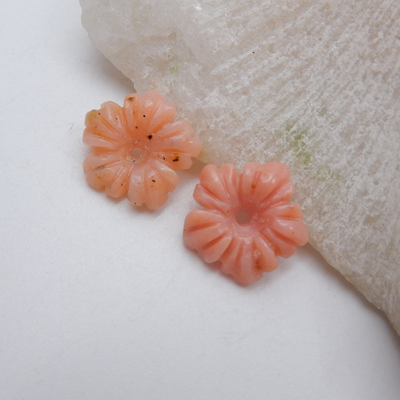 雕刻粉红色蛋白石宝石花朵耳环石一对，13x3 毫米，1.3 克