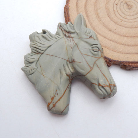 Pendentif tête de cheval en jaspe Picasso sculpté à la main, 43x40x9mm, 25.7g