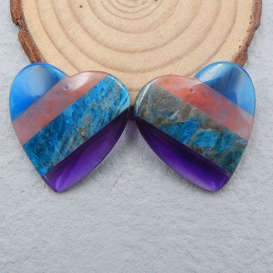 Volcano Cherry Quncortz，蓝色磷灰石水晶，蓝色压电石英和紫色压电石英胶合心形宝石耳环石一对，30x30x5mm，16.2g