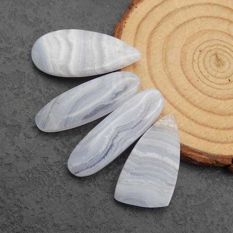 4 PCS Natural Blue Lace Agate Side-Drilled Pendant Beads 27x16x4mm, 34x17x4mm, 13.2g