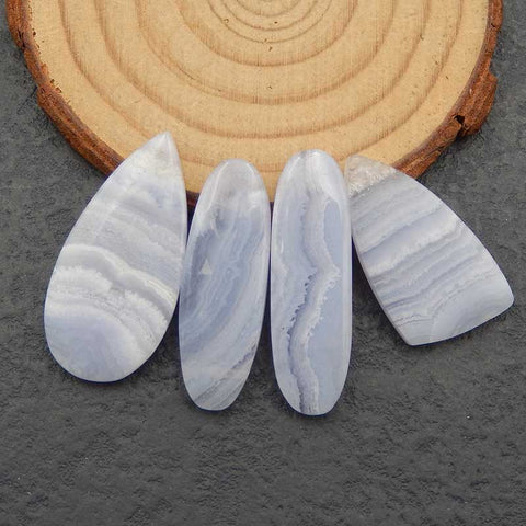 4 PCS Natural Blue Lace Agate Side-Drilled Pendant Beads 27x16x4mm, 34x17x4mm, 13.2g