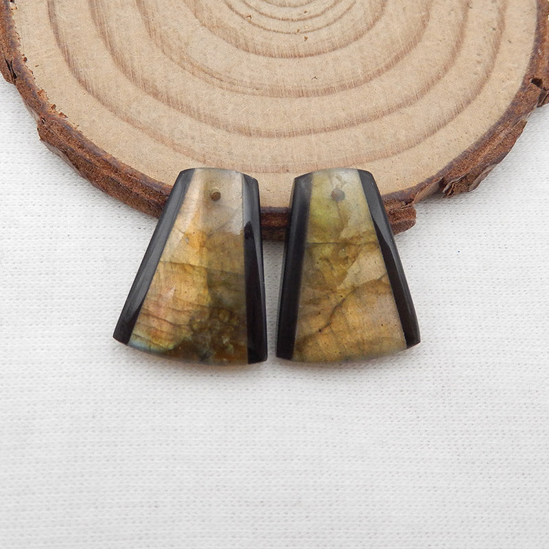 Intarsia of Labradorite and Obsidian Earring Beads 20X15X4mm, 4.4g
