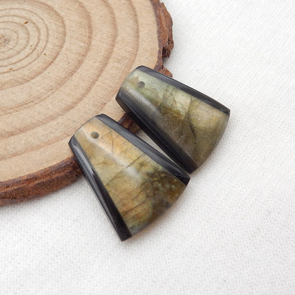 Intarsia of Labradorite and Obsidian Earring Beads 20X15X4mm, 4.4g