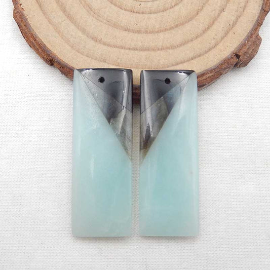 Boucles d'oreilles rectangle collé obsidienne labradorite et amazonite, 36x14x5mm, 10.3g