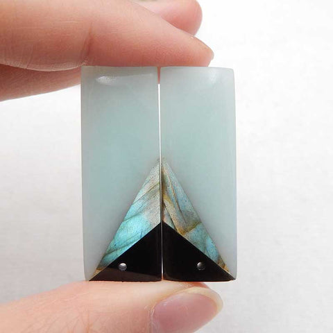 Intarsia of Obsidian, Labradorite and Amazonite Earring Beads 36x14x5mm, 10.3g