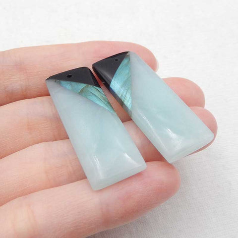 Intarsia of Obsidian, Labradorite and Amazonite Earring Beads 36x14x5mm, 10.3g