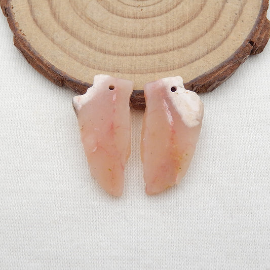天然粉红色蛋白石无孔钻耳环一对，27x13x3mm，3.4g