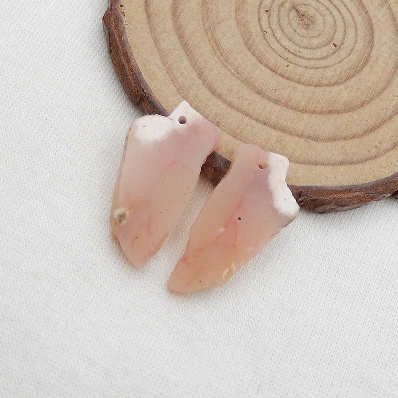 天然粉红色蛋白石无孔钻耳环一对，27x13x3mm，3.4g