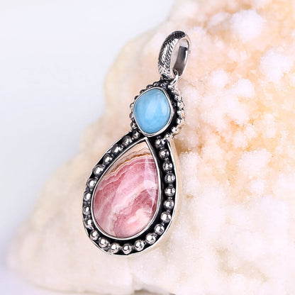 Blue Opal and Argentina Rhodochrosite in 925 Sterling Silver Pendant, 27x13x6mm, 8.9g - MyGemGarden