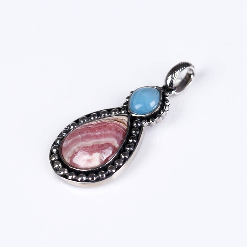 Blue Opal and Argentina Rhodochrosite in 925 Sterling Silver Pendant, 27x13x6mm, 8.9g - MyGemGarden