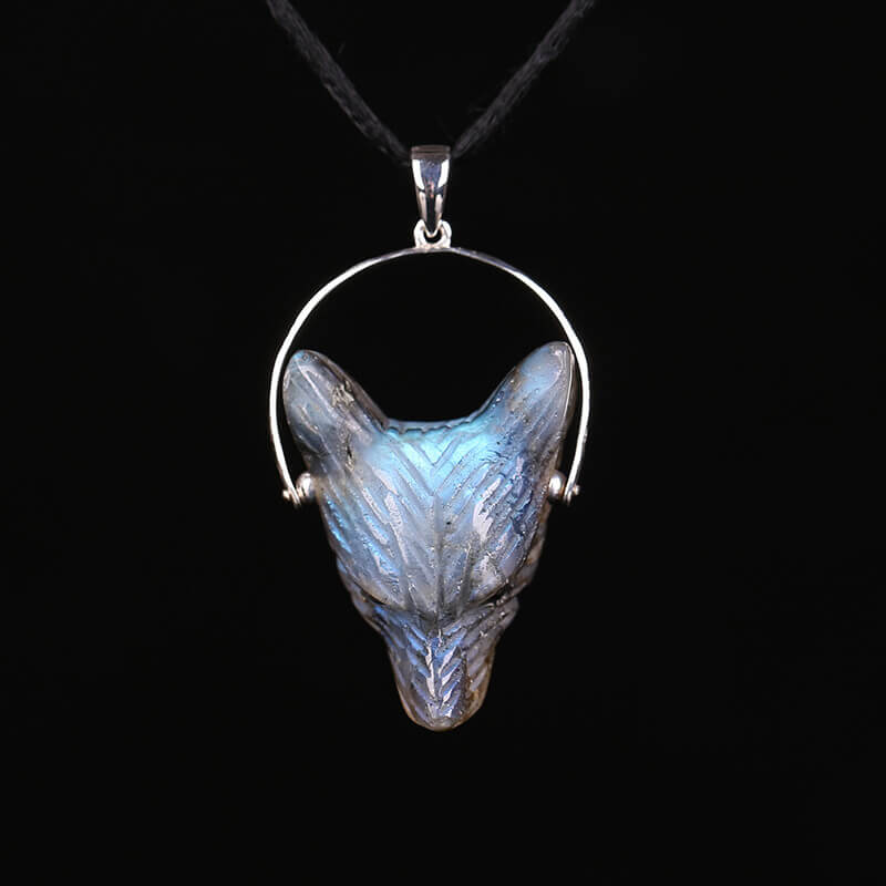 Natural Labradorite Handcarved Wolf Head Silver Pendant, 33x25x13mm, 12.6g - MyGemGarden